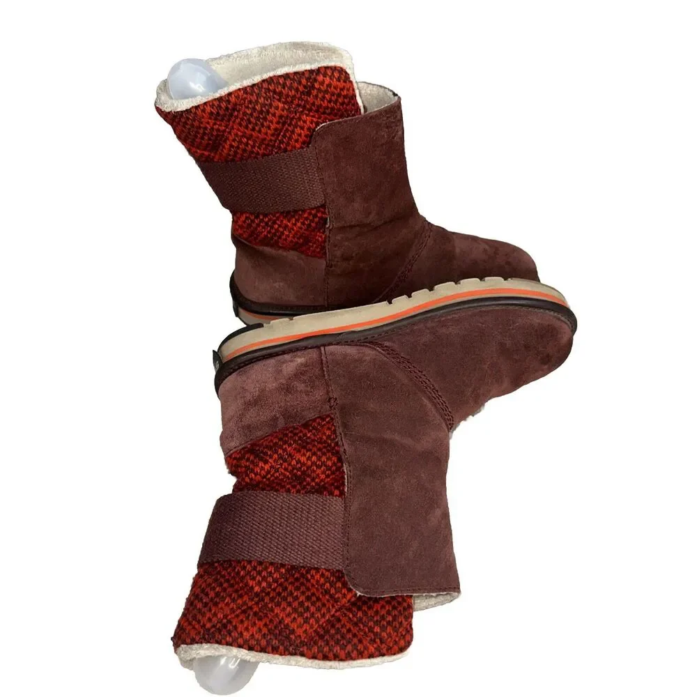 SOREL NL2070-259 Newbie Suede & Fabric Boot 6.5 Burgundy Red Yellow Logo Mid